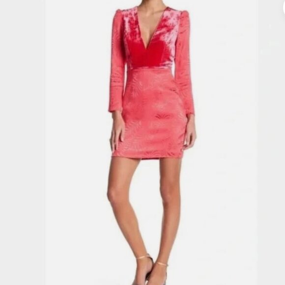 Free People "Naomi" Coral Pink Velvet & Jacquard Mini Dress - Picture 1 of 7